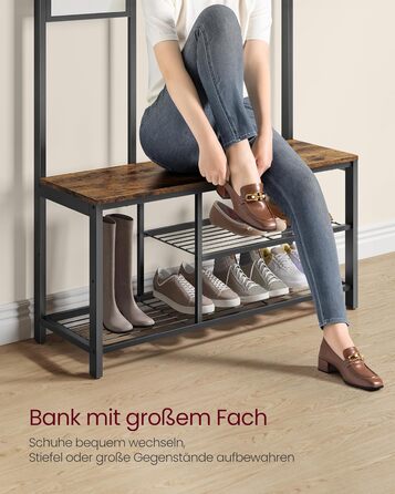 VASAGLE Coat Rack, Coat Stand with Hooks, Clothes Rack with Mirror, Shoe Bench and Shelves, 36 x 98 x 185 cm, for Entryway, Bedroom, Living Room, vintage brown-black HSRAM050B01