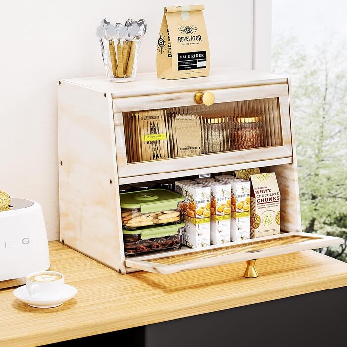 Дерев'яний хлібниця великого розміру, 2-ярусний, з акриловим вікном, стиль фермерський дім (білий/оптимальний сад)