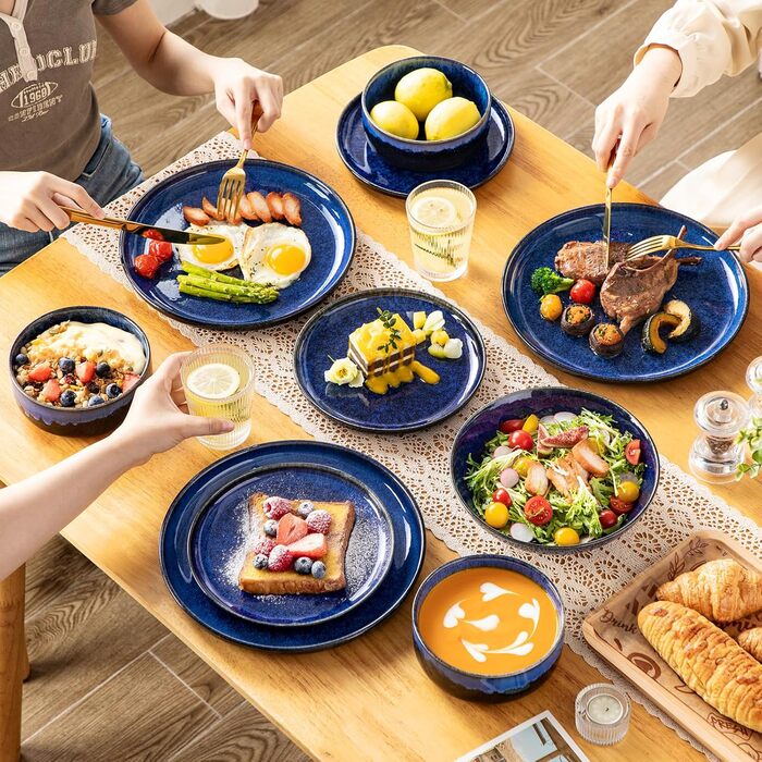 Vancasso Starry 24-Piece Blue Stoneware Dinnerware Set for 6 - Complete Tableware Set with Plates, Bowls