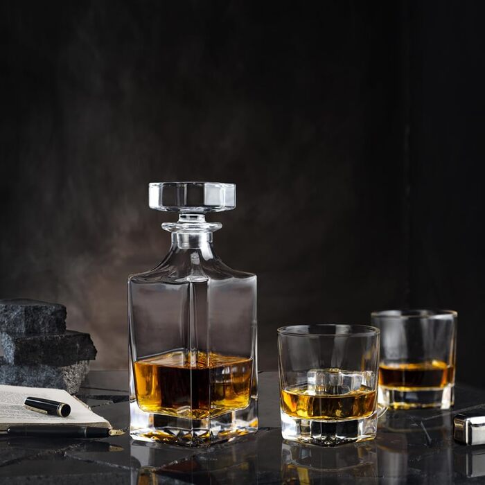 Square Whiskey Decanter Set with 2 Glasses in Box - Scotch, Whiskey, Wine Decanter Set for Men & Women, Father, Colleagues, Lovers - 3 Piece Set
