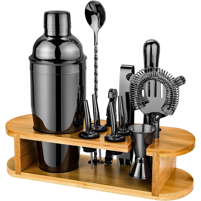 Набір шейкерів для коктейлів з підставкою, професійний, 12 предметів, нержавіюча сталь, для дому, чорний
