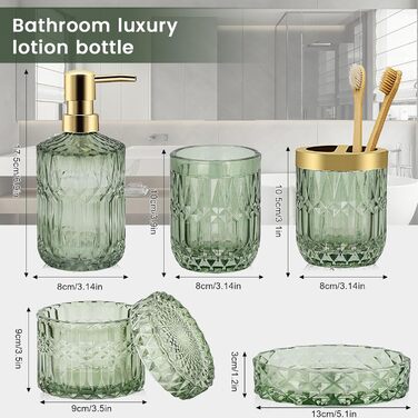 Набір аксесуарів для ванної кімнати скляний 5 предметів Lotionspender, мильниця, тримач для зубних щіток, стакан, декор (Зелений)