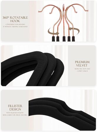 HOUSE DAY 50 Piece Velvet Clothes Hangers Black, Pant Hangers Space-Saving, Suit Hangers, Thin Non-Slip Clothes Hangers, 360° Swivel Hook, Velvet Hangers for Clothes, Tank Tops, Heavy Clothes - Black
