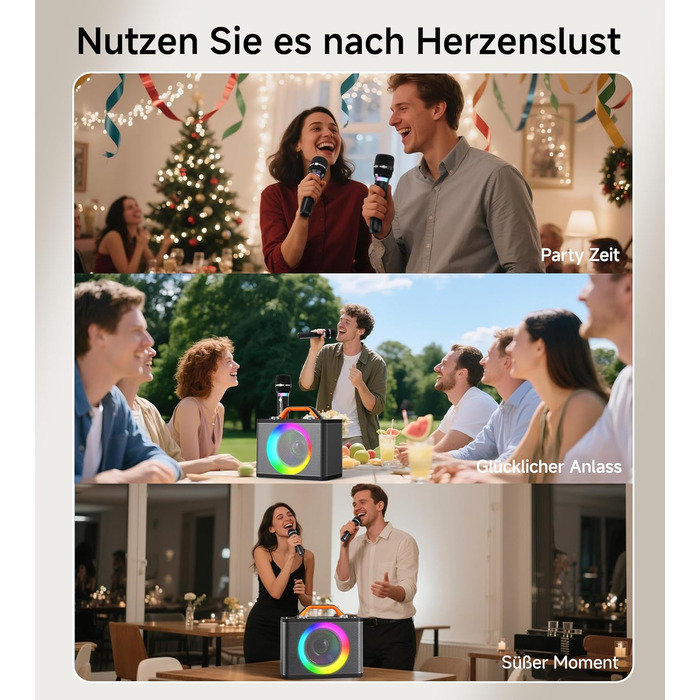 Караоке машина з 2 бездротовими мікрофонами RGB – 5200 mAh, 10 RGB-режимів, незалежне керування, 13 годин відтворення, Hi-Fi звук, підтримка AUX/USB/TF-карт/Coax, чорний