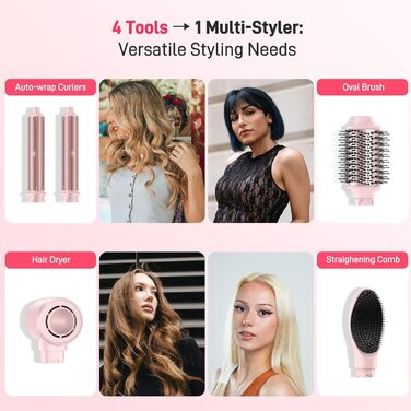 Фен-стайлер 5-в-1 для волосся з іонізацією, набір з насадками, швидка сушка, локони, випрямлення, об'єм, без пошкодження волосся, 100–240V, з сумкою, рожевий