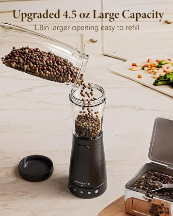 Salt and Pepper Grinder Electric 2-Piece Set with USB Rechargeable, Improved 4.5oz Large Capacity Spice Grinder Electric, Adjustable Coarseness with LED Light, Ideal for the Kitchen (Black/White)