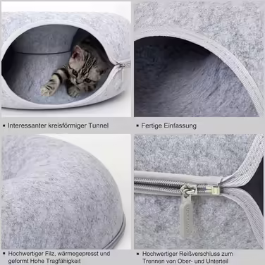 Lucky Sign - Cat Cave Felt Cat Tunnel Cat Bed Multifunctional Cat Sofa Cozy Cat Toy for Endless Fun Cat Basket Cat Cushion - (60x60x28cm, Light Grey)