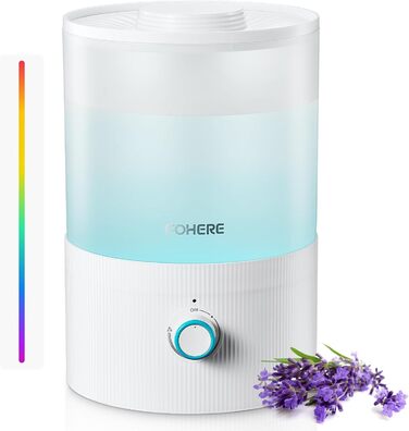 Ультразвуковий зволожувач повітря FOHERE 3.2L для спальні та дитячої кімнати, з верхнім заливом, холодною парою, функцією дифузора ефірних олій, 7-кольоровою підсвіткою, тихий, BPA-free, білий