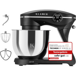 KLAMER 1800W Stand Mixer - Stainless Steel Bowl 6L, 10 Speed, Timer, Planetary Mixing, Dough Hook, Whisk & Beater - Black