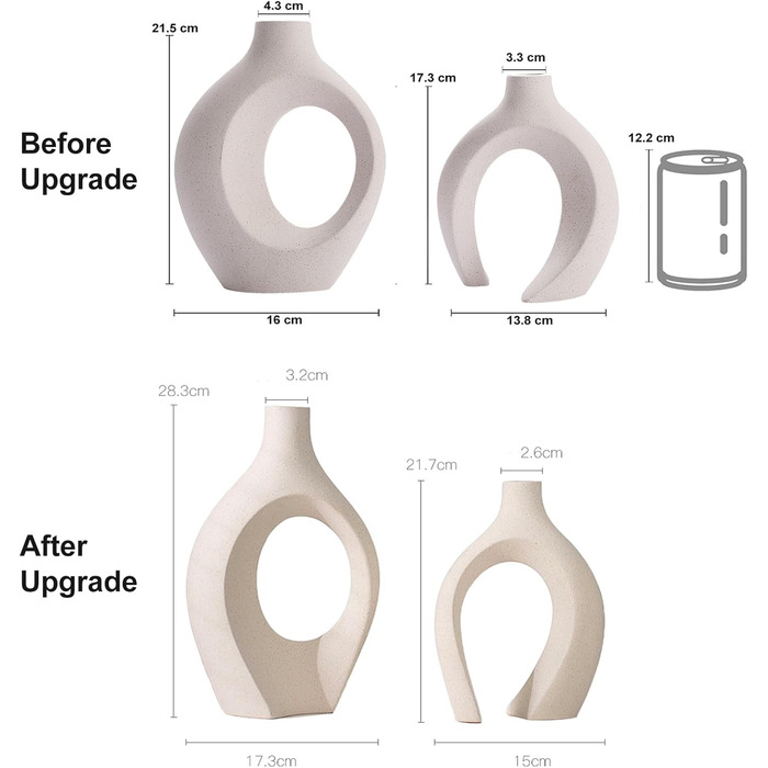 SUKIYPO Ceramic Vase Set - Beige Modern Vases (2-Pack) for Nordic, Boho Home Decor - Large Decorative Flower Vases for Living Room, Office, Farmhouse, Coffee Table