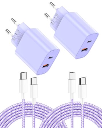 Зарядний пристрій 20W USB-C 2-Port для iPhone 17 Pro Max/16/15/14/13/12, Galaxy, iPad - з кабелем Type-C 2м (2 шт., блакитний/ліловий)