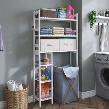SMIBUY Over The Toilet Storage, 6-Tier Bamboo Bathroom Shelf with Drawers, Freestanding Over the Toilet Organizer Rack, Ample Storage, Space Saver for Small Spaces (Natural) (White)