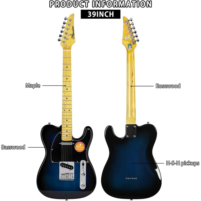 Електрогітара Bullstar для початківців TL Series, повний розмір, корпус з павловнії, гриф C-подібної форми, комплектація з аксесуарами, сумка MS110 (блакитна)