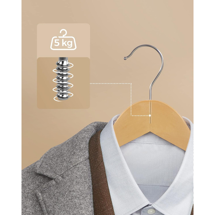 SONGMICS Wooden Clothes Hangers, 30-Piece Set, Solid Wood Hangers, Shoulder Indentations, Non-Slip Trouser Bar, 360° Swivel Hook, for Suits, Shirts, Natural Wood-Silver, CRW031NL