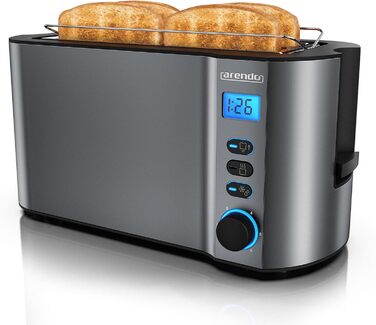 Тостер Arendo з нержавіючої сталі з 4 широкими слотами, подвійні стінки, вбудований тримач для булочок, 6 ступенів підсмажування, центрування хліба, автоматичне відключення, дисплей з відображенням часу (A: Cool Grey)