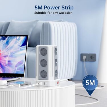 Многофункціональна мережева стрічка Sameriver 12 виходів з USB та захистом від перенапруги (5м, білий)