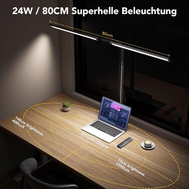 LED лампа для столу Ehaho 2100LM з регулюванням яскравості, 24W, 224 LED, 80 см, кріплення на монітор, гнушкий шийка, офісна лампа з пультом, 10 температур кольору та 10 рівнів яскравості (для дому/офісу), чорна