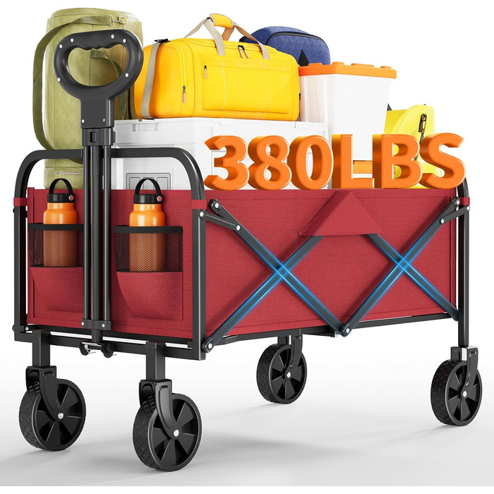 Складний вантажний візок Bollerwagen 220L, червоний: для кемпінгу, саду, пляжу. Сталевий каркас, 600D Oxford PVC, коліщатка 360°, вантажопідйомність 172-200 кг