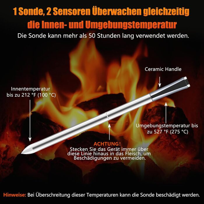 Бездротовий термометр для м'яса, приготування на грилі та в духовці з Bluetooth, таймером та сигналом, для приготування на грилі, в духовці, BBQ, для кухні та гриля EM8