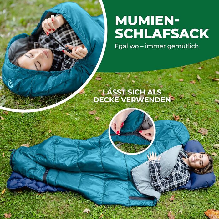 Спальний мішок Foris® Mumienschlafsack: 3-4 сезони, -10-25°C, 80x215 см, водовідштовхувальний, для кемпінгу та фестивалів, блакитний