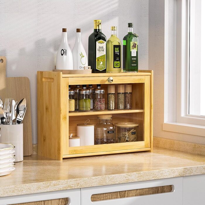 Бредониця з бамбука з вентиляцією, 2 полиці та великим оглядовим вікном, дерев'яний контейнер для хліба, безпечний для харчових продуктів, легкий у догляді, 40x31x17.5 см (EX-MBX01-2C-YUAN)