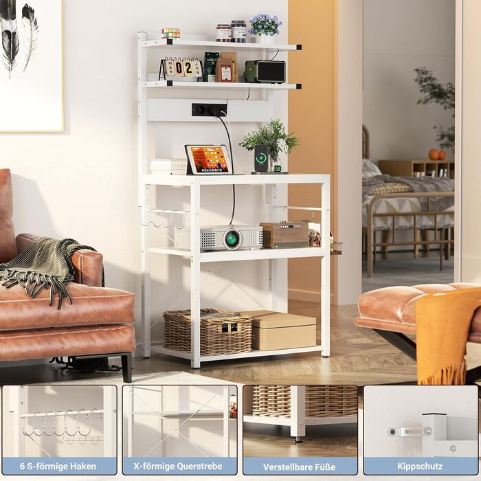 Кухонна полиця-органайзер з розеткою, стійка для мікрохвильовки, 5-ярусна кавобар з LED-підсвічуванням, полиця для спецій, каструль та сковорідок (60см, білий)