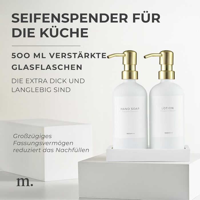 MaisoNovo Soap Dispenser Set - Soap Dispenser Kitchen - 500 ml Amber Bottles, Black Pumps, Glass Pumps, Soap Dispenser Set, 2-Piece Set and Concrete Tray - Dish Soap Dispenser Kitchen (White Glass / Gold Pump + Rectangular Tray)