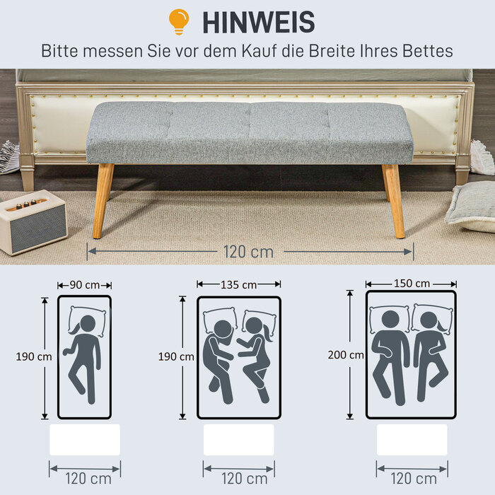 HOMCOM Bench Upholstered Bench Linen Look Button Tufting Bed Bench with Wooden Legs for Bedroom Living Room Entryway 120x41x43 cm Grey