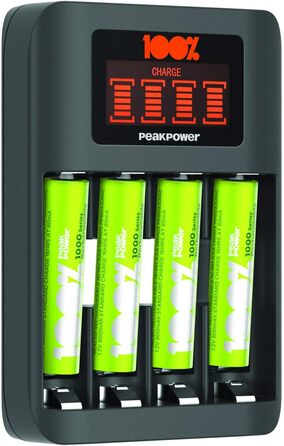 Зарядний пристрій PeakPower для акумуляторів AA AAA | Зарядка для акумуляторів з 8 акумуляторами (4 x AA + 4 x AAA), захист від перезаряду, таймер безпеки (USB зарядний пристрій для акумуляторів у екологічній упаковці), 8-слотовий зарядний пристрій + 8 акумуляторів (швидка зарядка + 4 x AAA акумулятори)