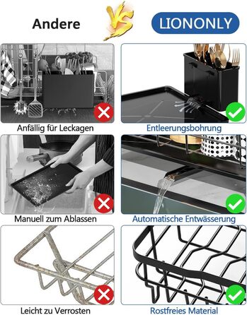 LIONONLY Dish Drying Rack, Large 2-Tier Dish Drying Rack with Drip Bowl, Stainless Steel Dish Drying Rack with Utensil Holder, Beverage Holder, and Swivel Spout, Dish Drying Stand Kitchen