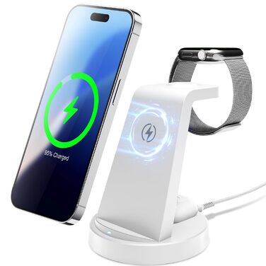 Бездротова зарядна станція 3-в-1 15W для iPhone 17 Pro Max Plus/16/15/14/13, Apple Watch Ultra/3/10/9/8/SE, AirPods Pro 4/3/2 – складана, рожева/біла