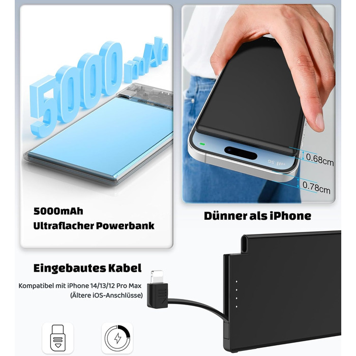 Power Bank Auskang 5000mAh Slim з кабелем для iPhone (до iPhone 14) - Чорний