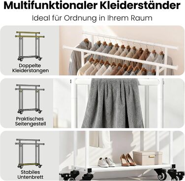 Підвісна шафа-органайзер Treeboy на колесах, мобільний вішак для одягу з 2 перекладинами та полицею, вантажопідйомність до 95 кг, легко ковзаючі колеса, швидкий монтаж для спальні, вітальні, пральні, гардеробної (Білий, 41x113x162 см)