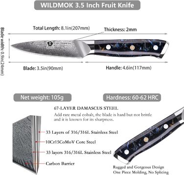 Ніж кухарський WILDMOK, 8 см, японська сталь VG10, 67 шарів дамаської сталі, для нарізання та очищення фруктів, чорна ручка, подарункова коробка