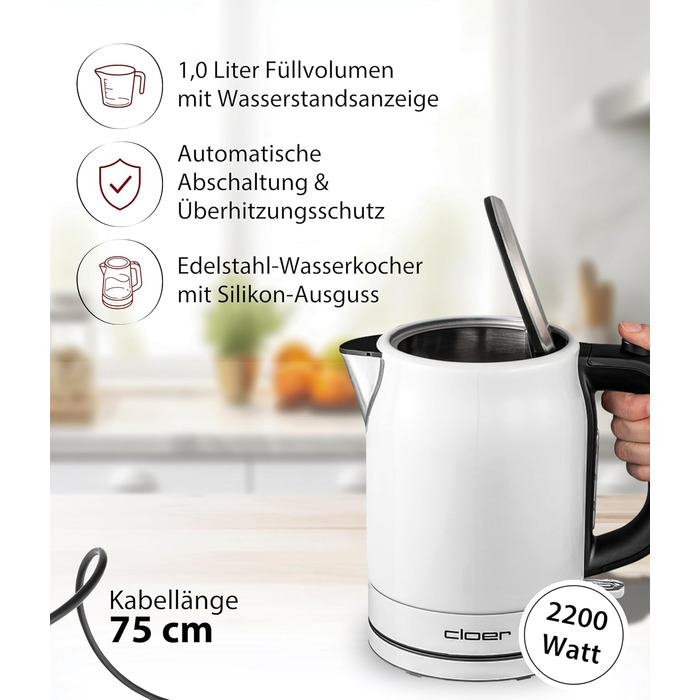 Електричний чайник Cloer 4511 з нержавіючої сталі, 2200 Вт, білий, 1 літр