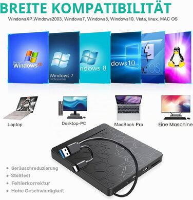 Зовнішній CD/DVD-привід Labtec для ноутбука Windows 11/10, USB 3.0 та Type-C, з картридером SD/TF та USB-хабом, портативний DVD-брунер