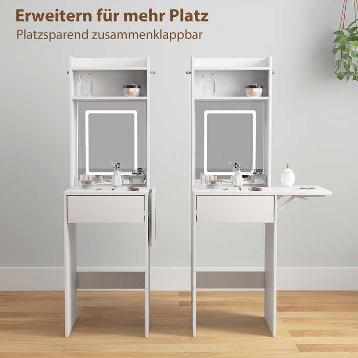 HOMCOM Compact Vanity Table with Mirror and LED Lighting, Folding Tabletop, Open Shelves, Drawer, MDF, White