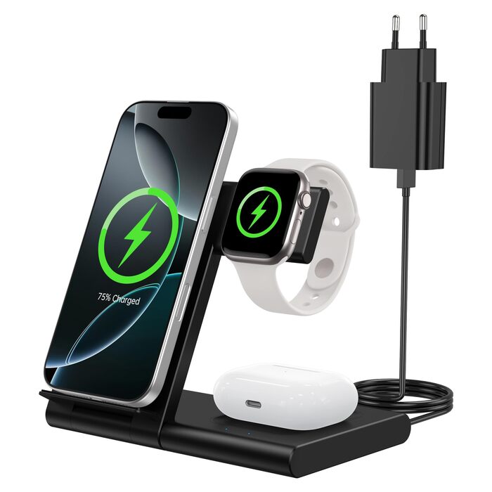 Зарядна станція 3-в-1 для Apple Watch та iPhone (17/16/15/14/13/12/11 Pro/Max/Plus), Apple Watch Ultra (3/11/10/9/8/7/6/SE 3), AirPods (4/3/2/Pro 3) - Чорна