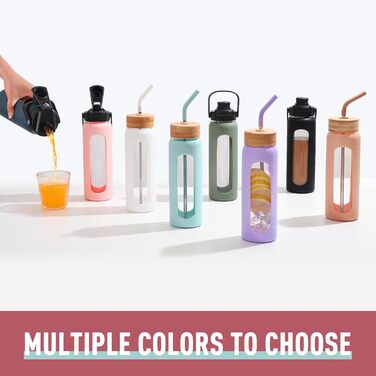 BLUEGO Glass Water Bottle - Sport Water Bottle with 2 Lids and Straw Leak-Proof Glass Bottle with Time Marker and Measuring Scale BPA Free, (Pink, 700ml)