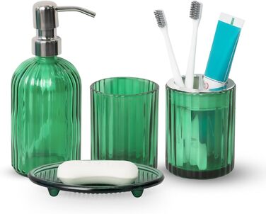 Umimile Bathroom Accessory Set, 6-Piece, Green Glass, Complete Toothbrush Holder, Cup, Lotion Dispenser, Soap Dish, Vanity Organizer, Aromatherapy Cup for Apartment, Bathroom Decor (Creen, 4 Pcs Bathroom Set)