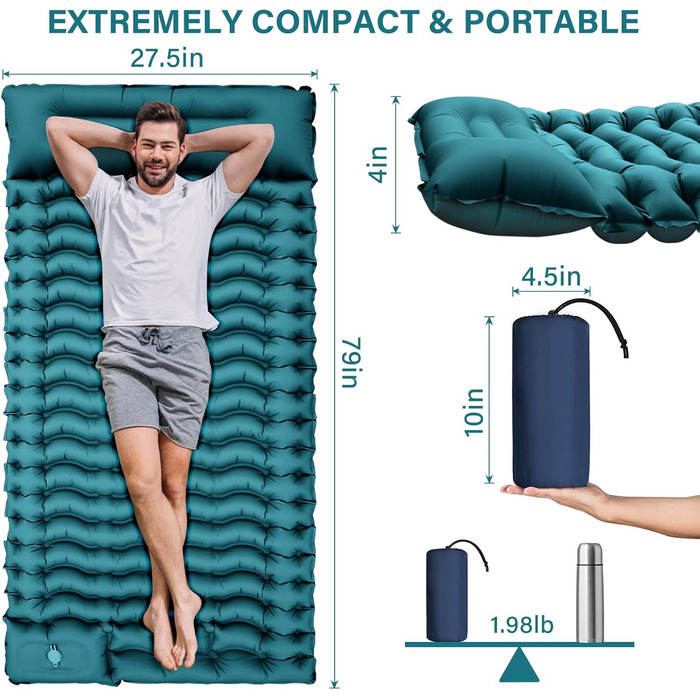 Yuzonc Self-Inflating Camping Mat with Foot Pump & Pillow - Compact & Lightweight Inflatable Sleeping Pad for Outdoor Use (Green & Blue)