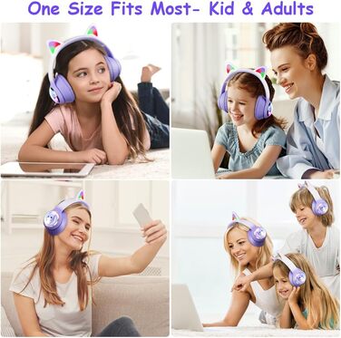 Дитячі навушники AXFEE з Bluetooth, котячі вушка, LED-підсвічування, Over-Ear, бездротові, з мікрофоном, Micro SD/TF, для телефону/планшета/ПК (#02 фіолетовий v5.3)