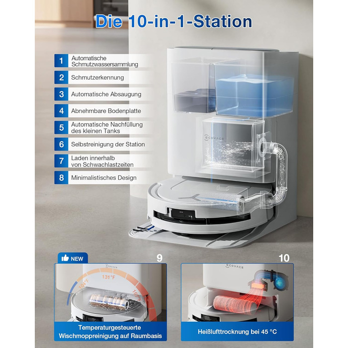 Робот-пилосос ECOVACS DEEBOT T80 Omni з функцією миття підлоги, 18000 Па, OZMO Roller, автоматичне миття мопів, ZeroTangle 3.0, миття гарячою водою (40-75°C), білий