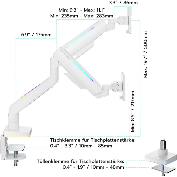 Кріплення для монітора ARES WING RGB - тримач для ігрового монітора, 17-49 дюймів, підходить для важких (20 кг) та вигнутих моніторів, регульована висота, для геймерів (білий)
