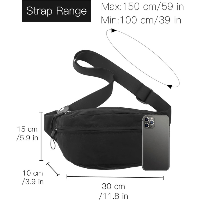 Поясна сумка чоловіча/жіноча водонепроникна для подорожей, фестивалів, спорту та міста (чорна)