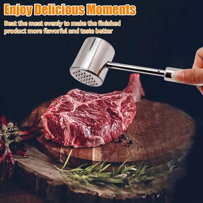 Молоток для м'яса з нержавіючої сталі 304 з гачком, двосторонній багатофункціональний відбійник для стейків, курки та свинини, 22 см, сріблястий