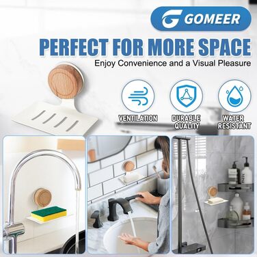 Миска для мила в душ, кріплення на стіну, дуб, поворотний присосок, самоклеюча, самостійно спорожняється, портативна, водонепроникна, без свердління для ванної кімнати, кухні (кремово-білий)