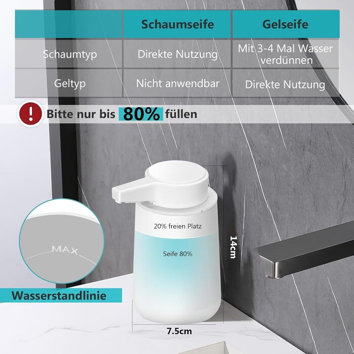 Phneems Soap Dispenser Automatic Foam Soap Dispenser Electric Soap Dispenser With Sensor 250ML Soap Dispenser Automatic USB Rechargeable IPX5 Waterproof FOR Bathroom Kitchen White