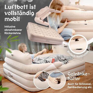 Надувне ліжко для 2 осіб [3-в-1 система] | Елегантне гостьове та кемпінгове ліжко | Надувна матрац з електропомпою 150x200 | Самостійно надувна повітряна матрац для 2 осіб, бежевий