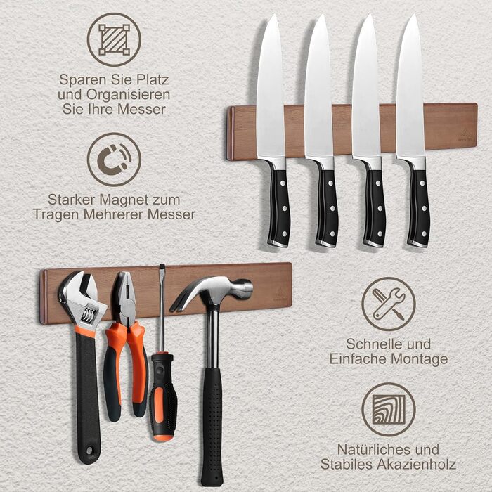 ENOKING Magnetic Knife Strip, Self-Adhesive, 40 cm, Acacia Wood Knife Magnet Strip, Magnetic Knife Holder with Extra Strong Magnet, Magnetic Knife Holder for Knives and Kitchen Utensils